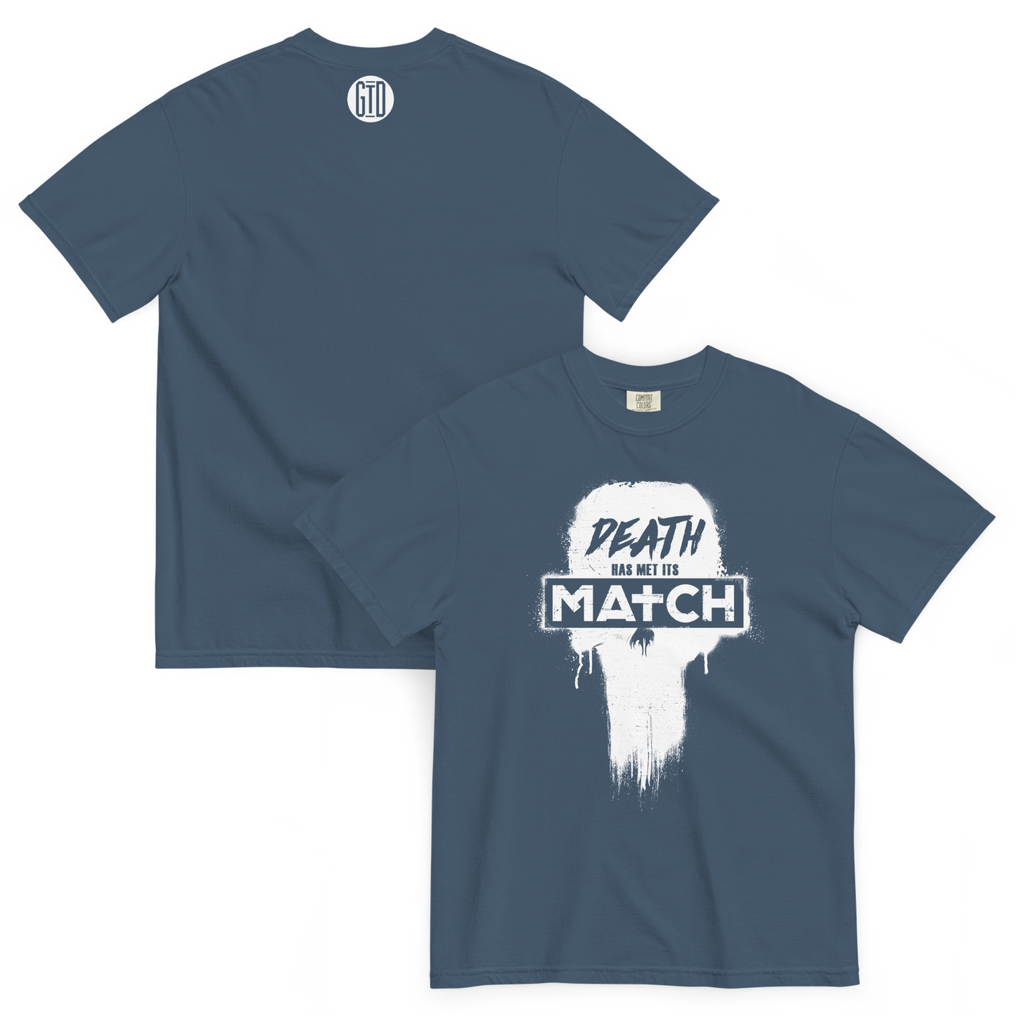 Death Has Met Its Match Short Sleeve T-Shirt | Front and back view, midnight blue color – Bold & Inspiring Apparel