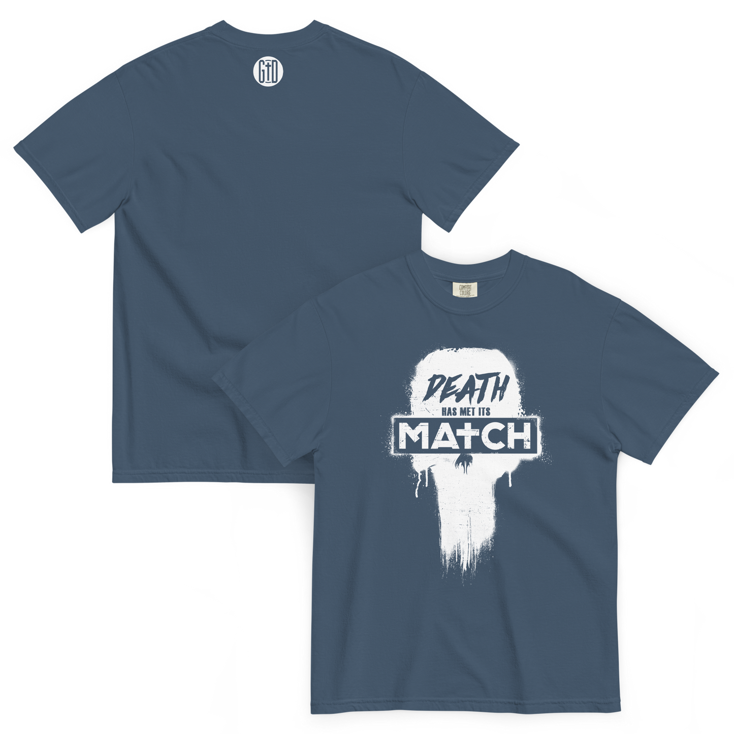 Death's Match T-Shirt | Front and back view, midnight blue color – Inspirational & Faith-Based Apparel