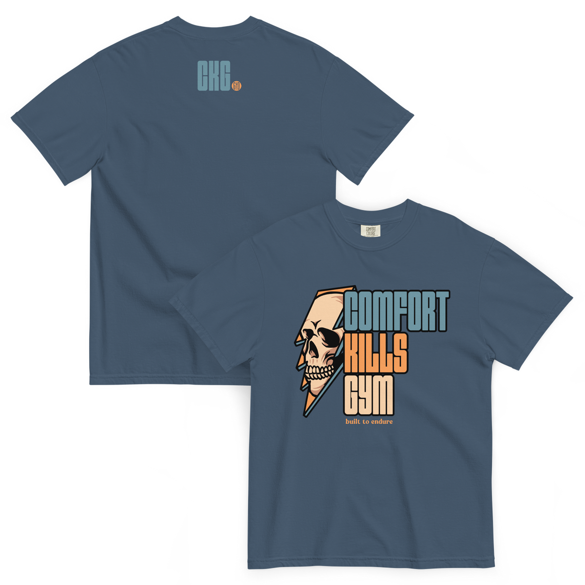 Perseverance Strikes (steel blue tee) — skull inside lightning bolt, bold block lettering graphic