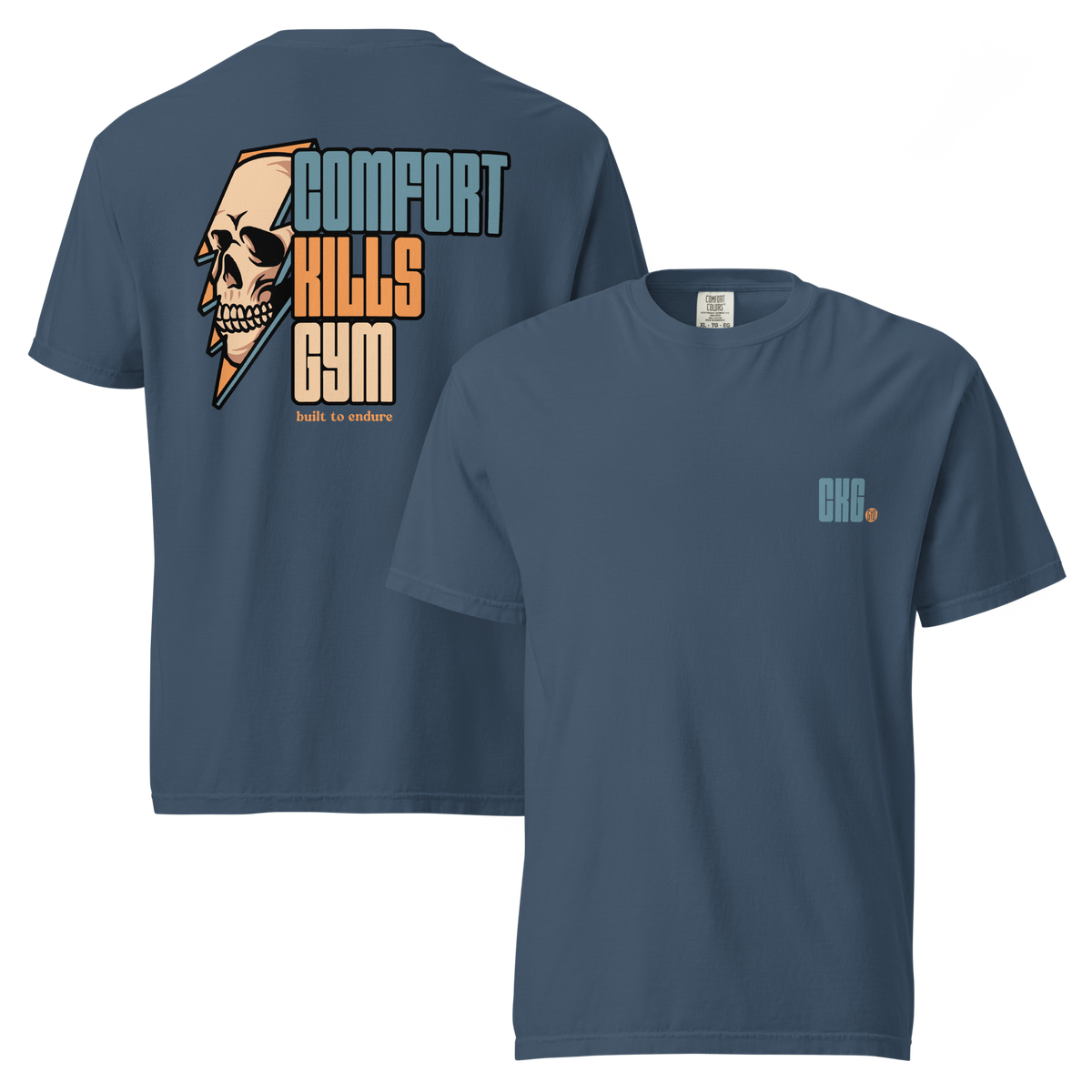 Perseverance Strikes (steel blue tee) — skull inside lightning bolt, bold block lettering graphic