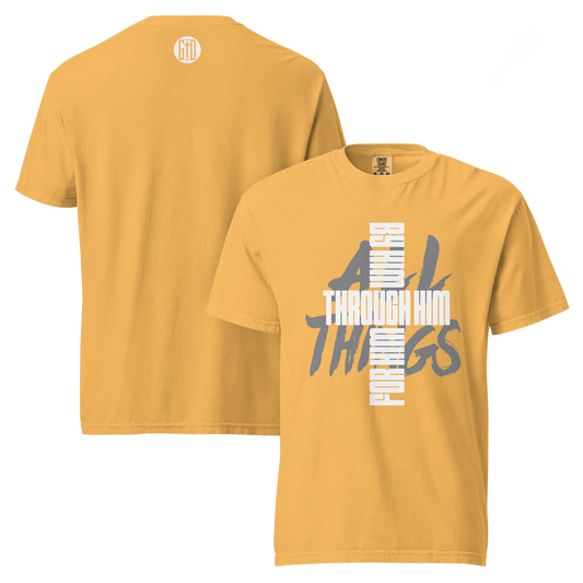 All Things tee mustard yellow front & back - Christ reconciles all, garment-dyed cotton