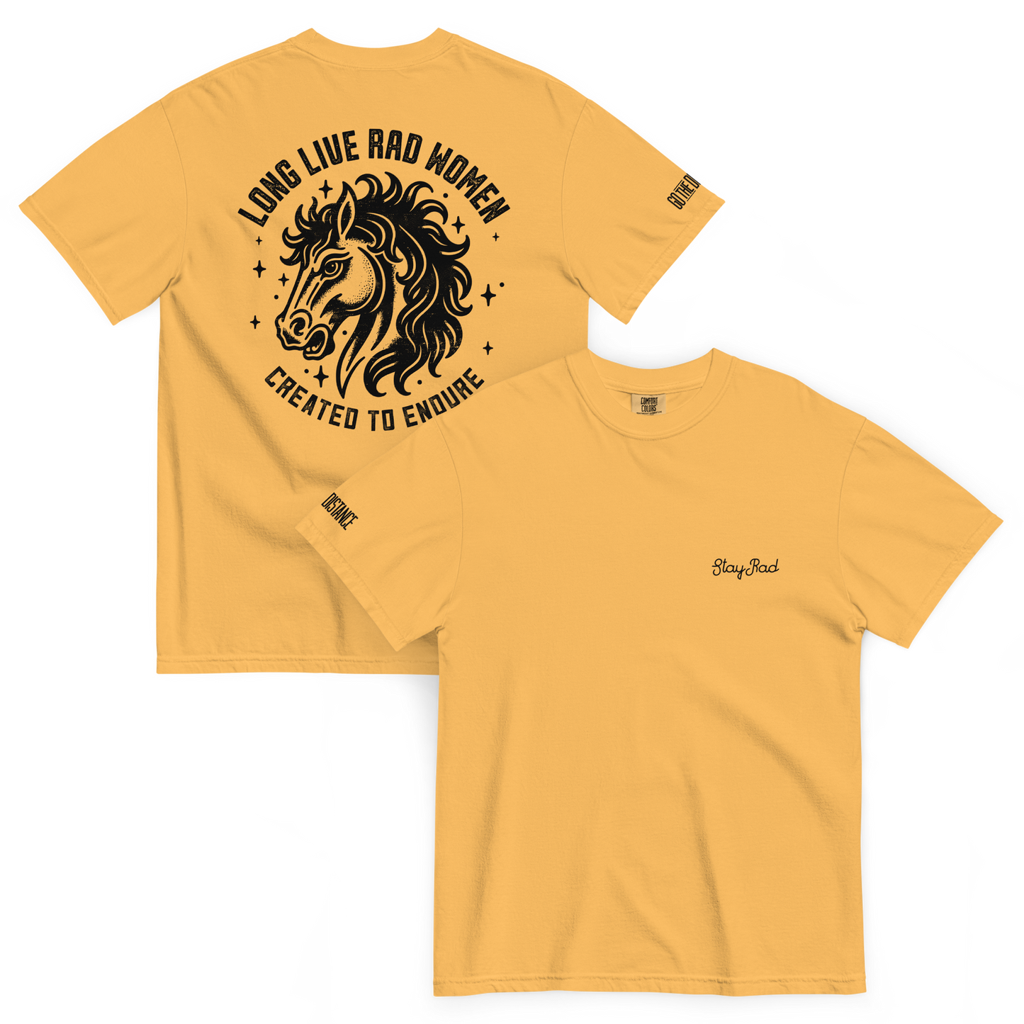 Long Live Rad Women Stallion tee mustard front & back - women who endure with grit, relaxed fit cotton
