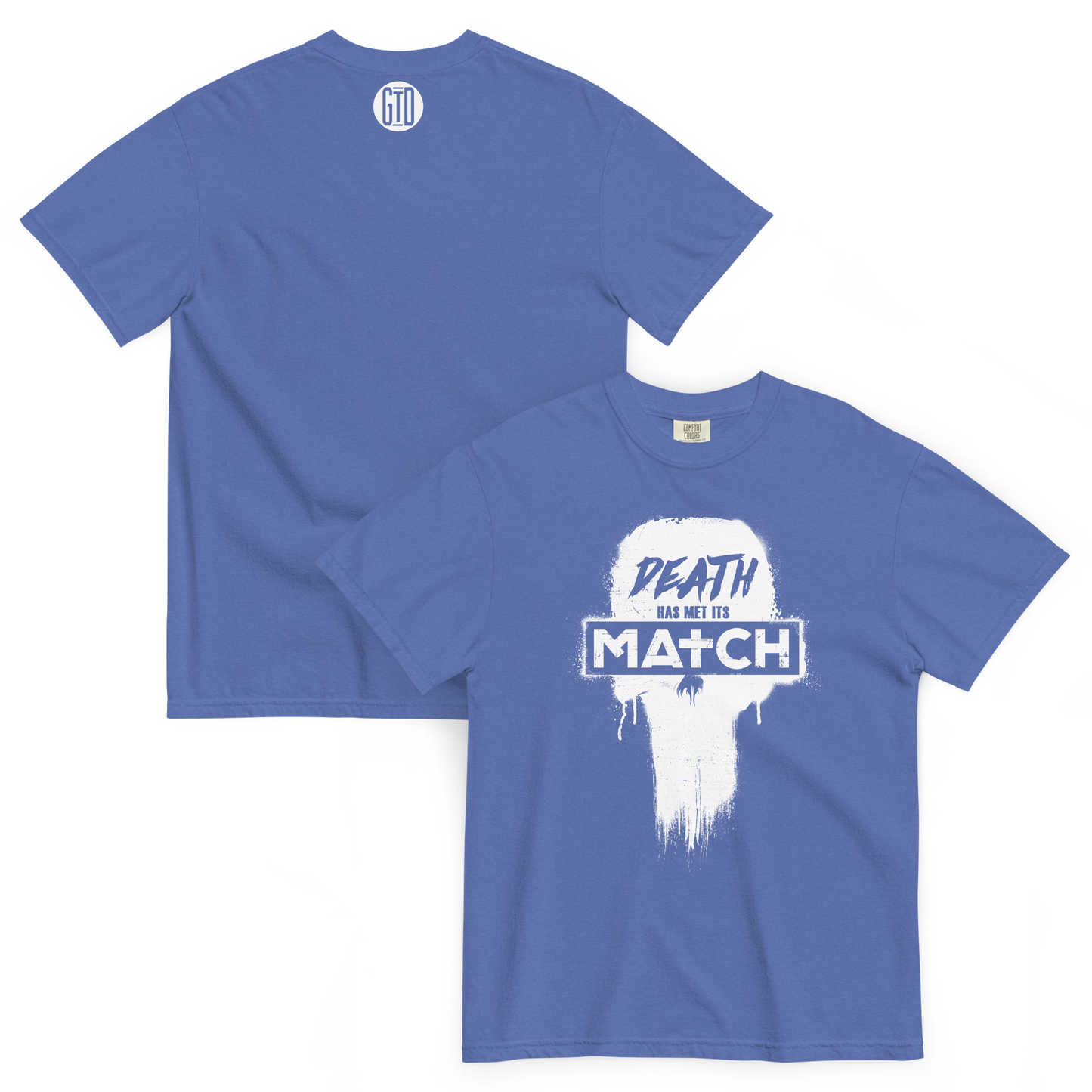Death Has Met Its Match Short Sleeve T-Shirt | Front and back view, mystic blue color – Bold & Inspiring Apparel