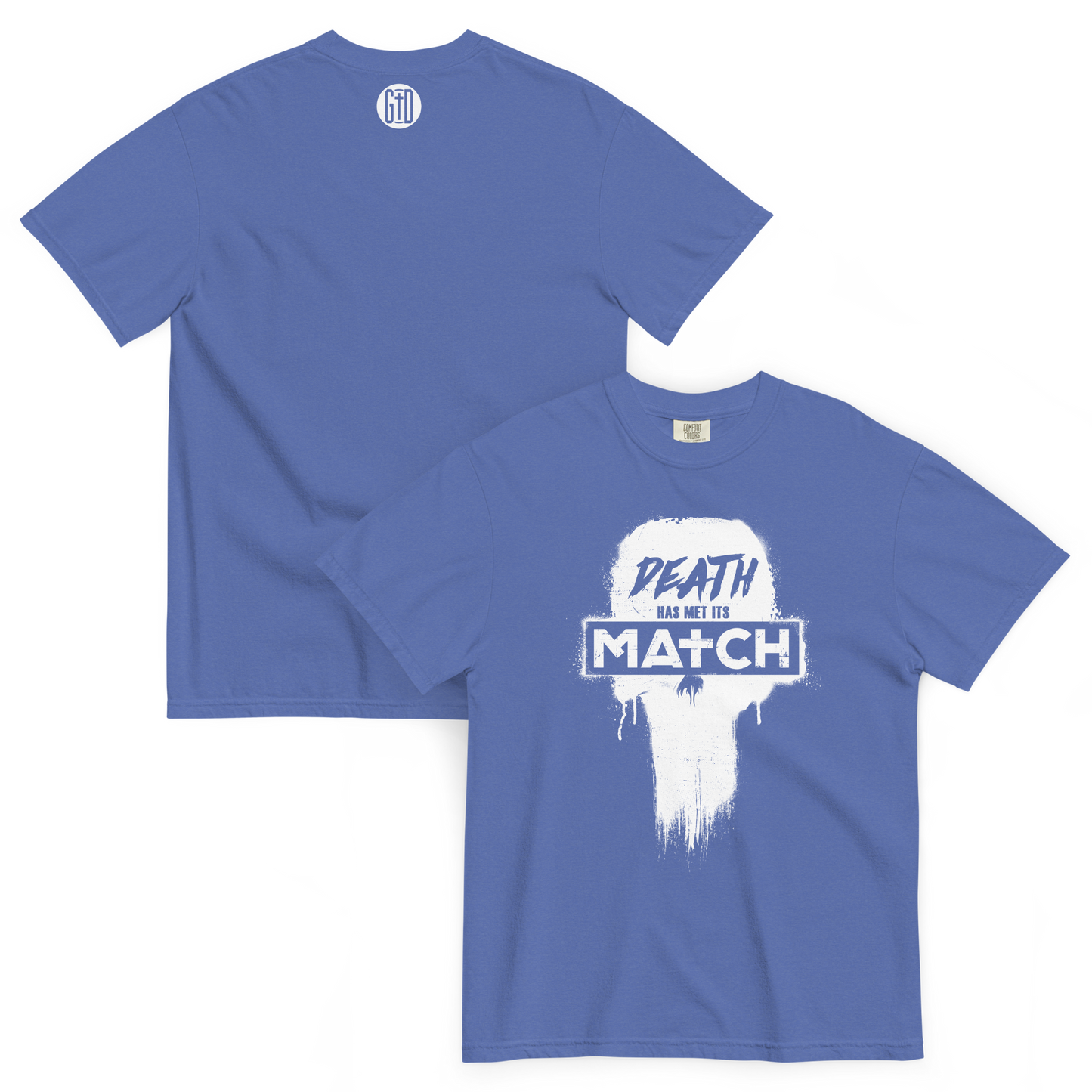 Death's Match T-Shirt | Front and back view, mystic blue color – Inspirational & Faith-Based Apparel