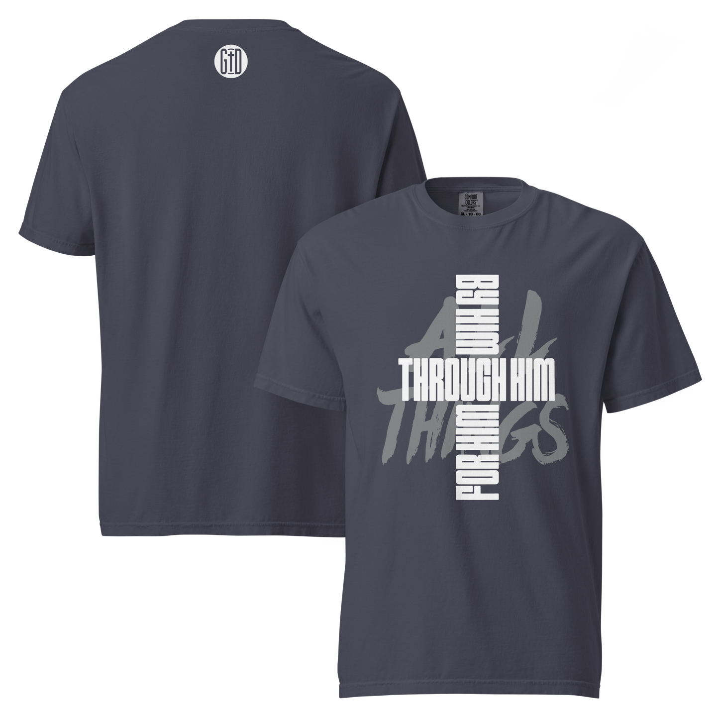 All Things tee navy blue front & back - Christ reconciles all, garment-dyed cotton