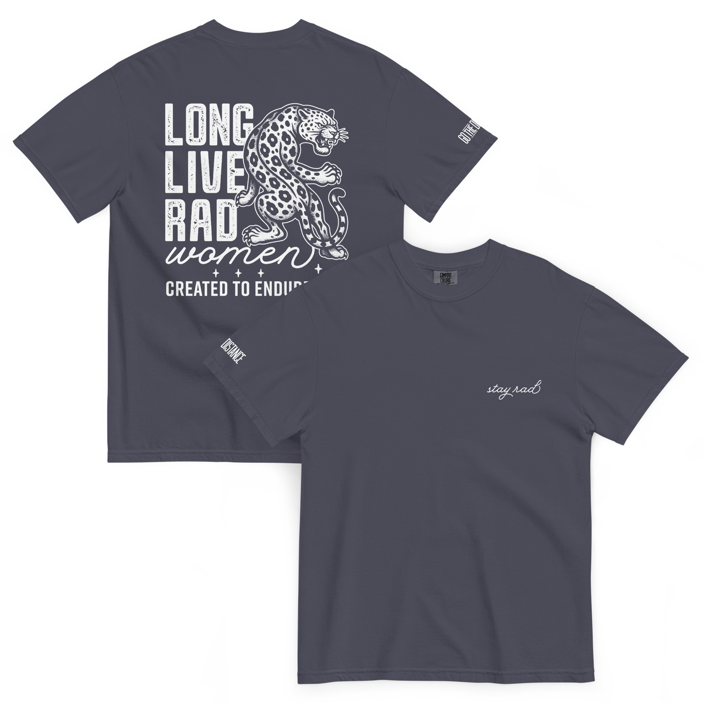 Long Live Rad Women Leapord tee navy blue front & back - women who lead & endure, relaxed fit cotton