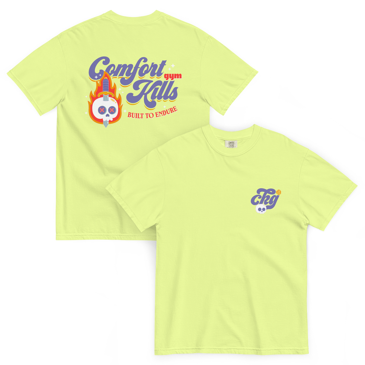 Forged In Fire (yellow tee) — flaming skull with sword, retro script graphic