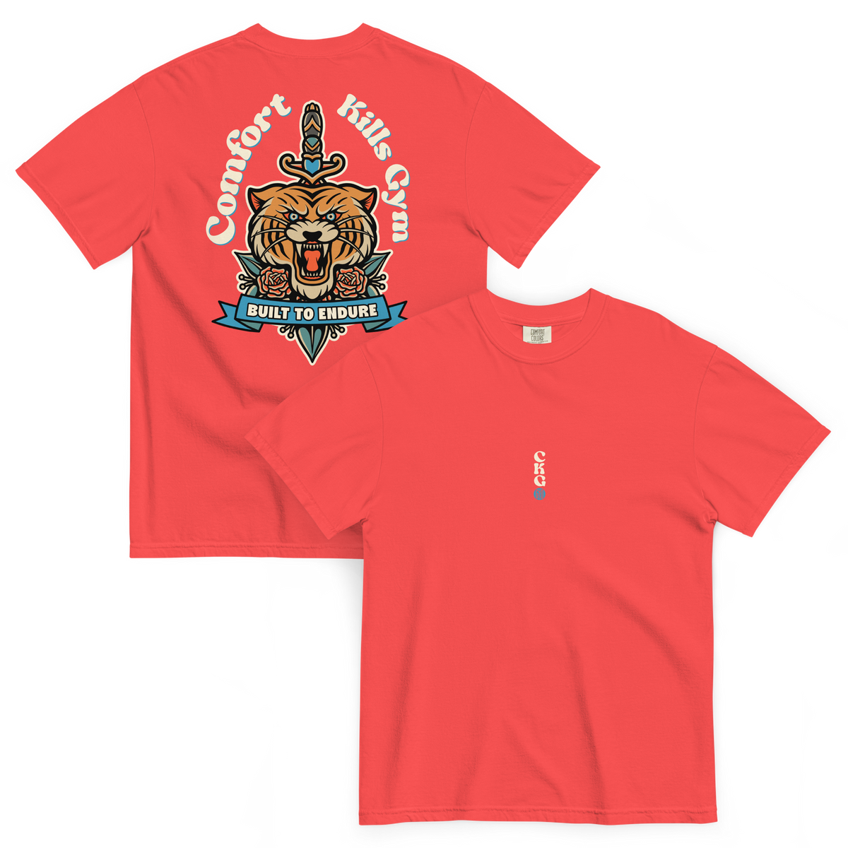Fierce and Fearless (red tee) — roaring tiger with dagger and roses, tattoo-style graphic