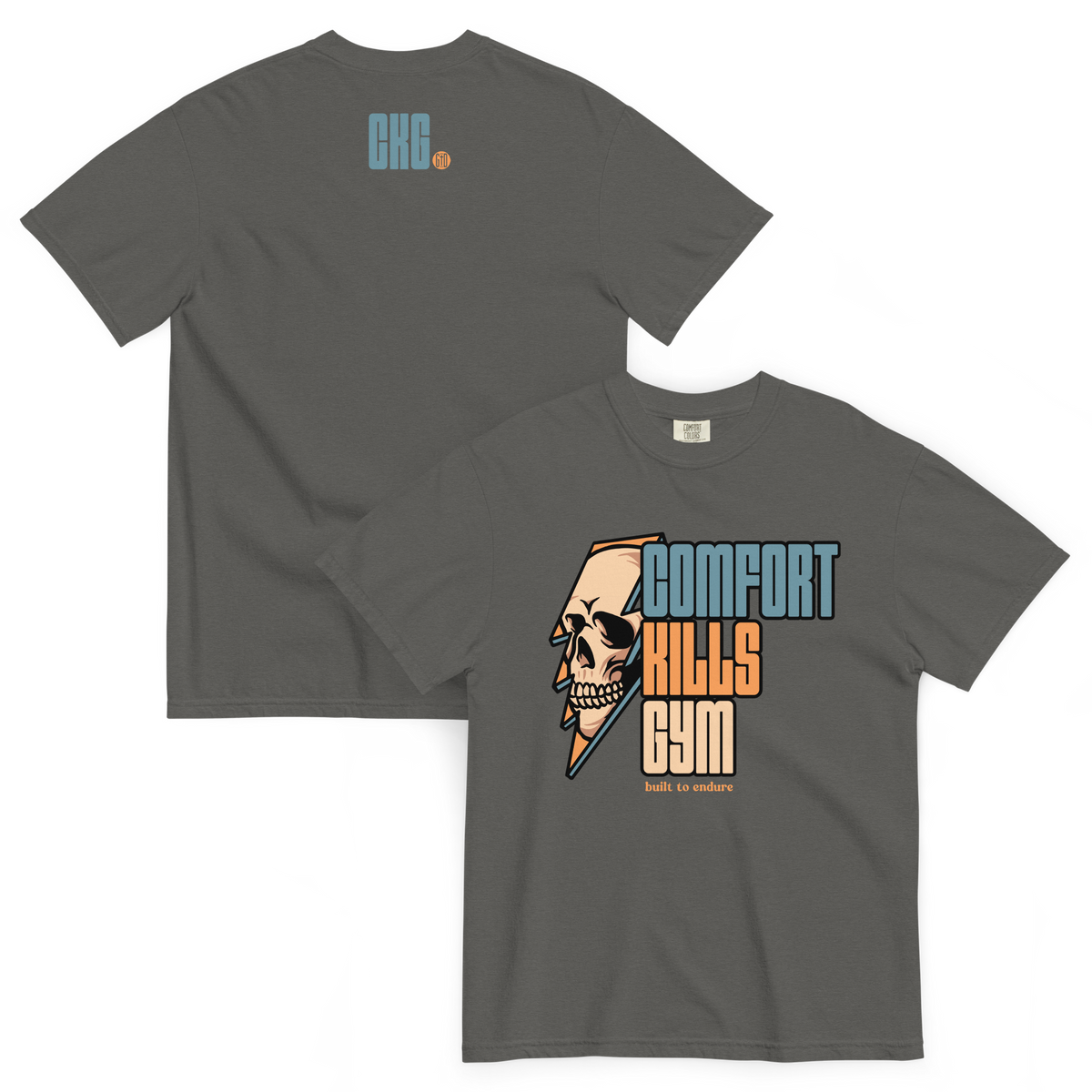 Perseverance Strikes (pepper tee) — skull inside lightning bolt, bold block lettering graphic