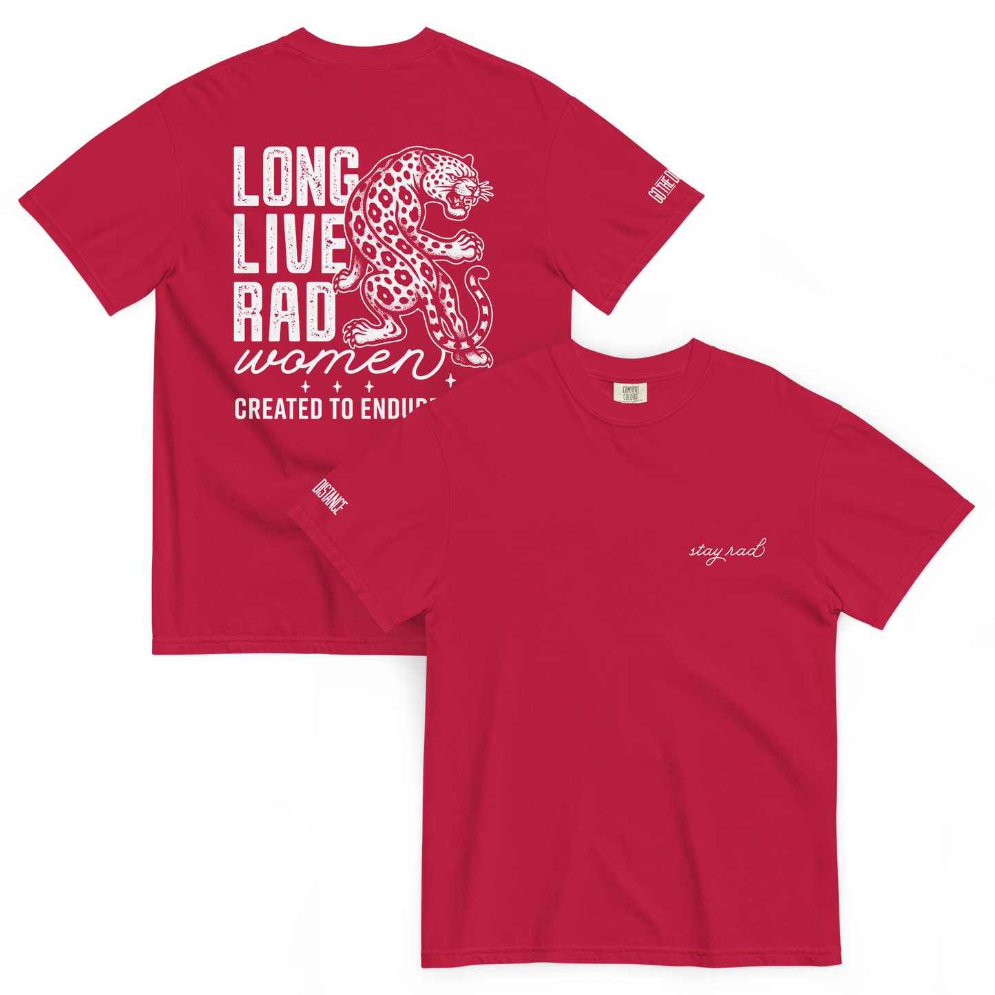 Long Live Rad Women Leapord tee red front & back - women who lead & endure, relaxed fit cotton