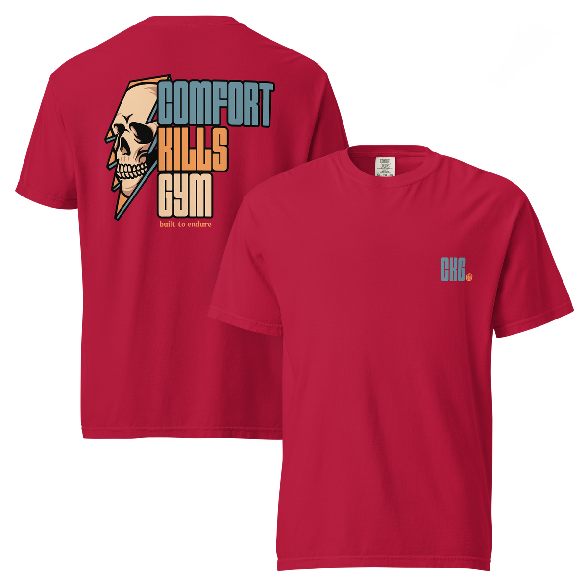 Perseverance Strikes (red tee) — skull inside lightning bolt, bold block lettering graphic
