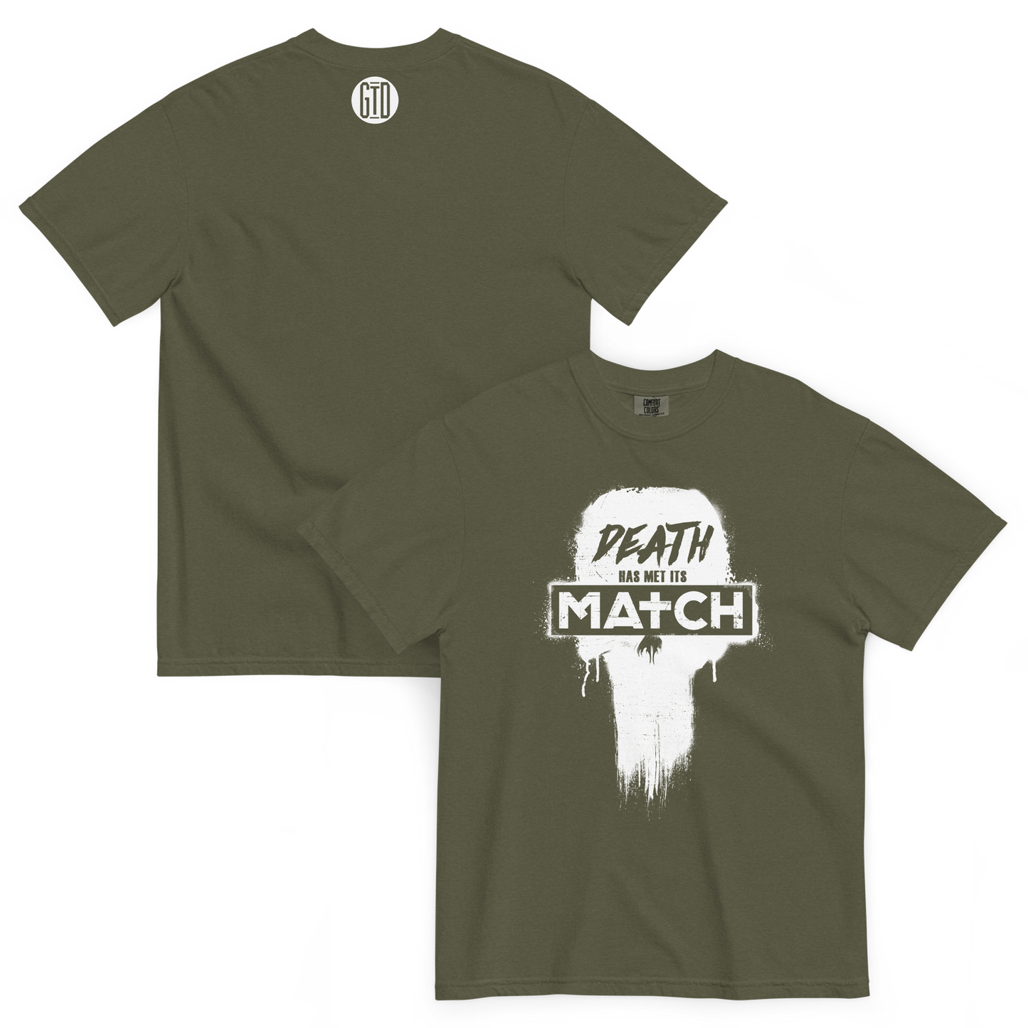 Death Has Met Its Match Short Sleeve T-Shirt | Front and back view, sage green color – Bold & Inspiring Apparel