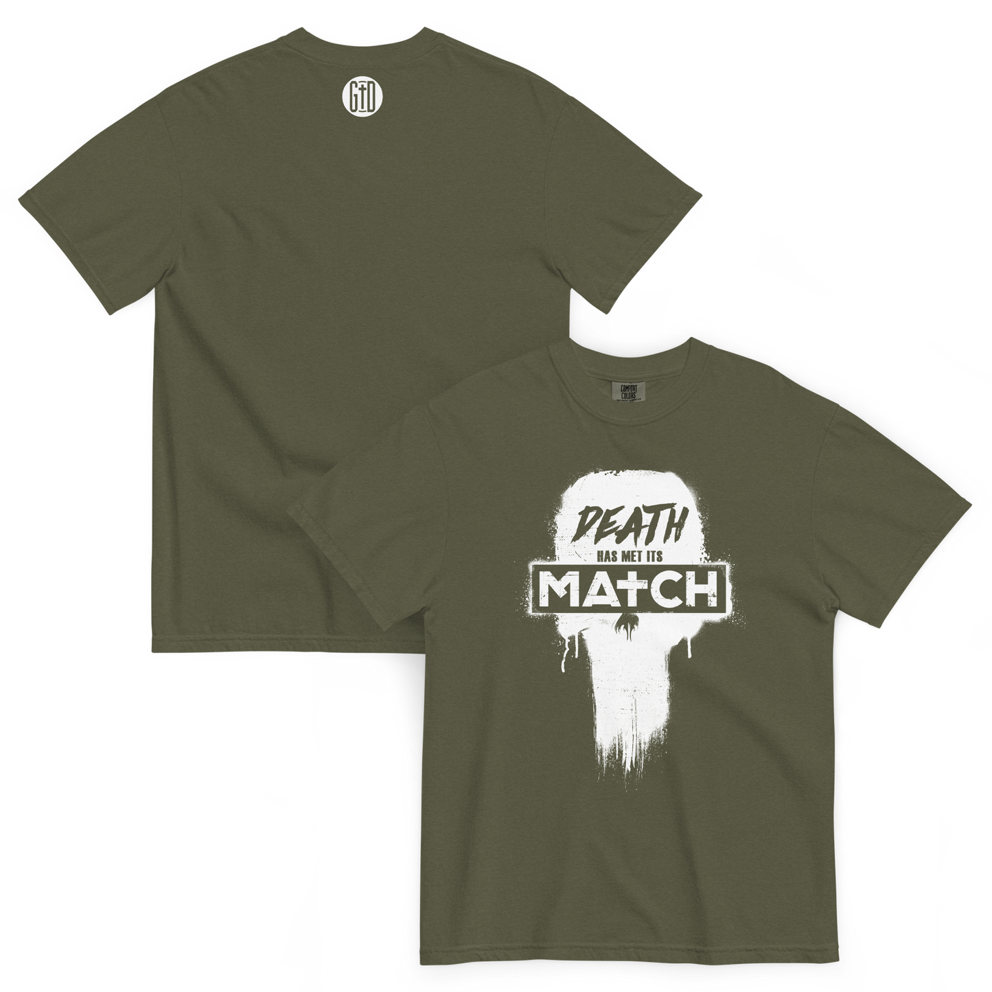 Death's Match T-Shirt | Front and back view, sage green color – Inspirational & Faith-Based Apparel