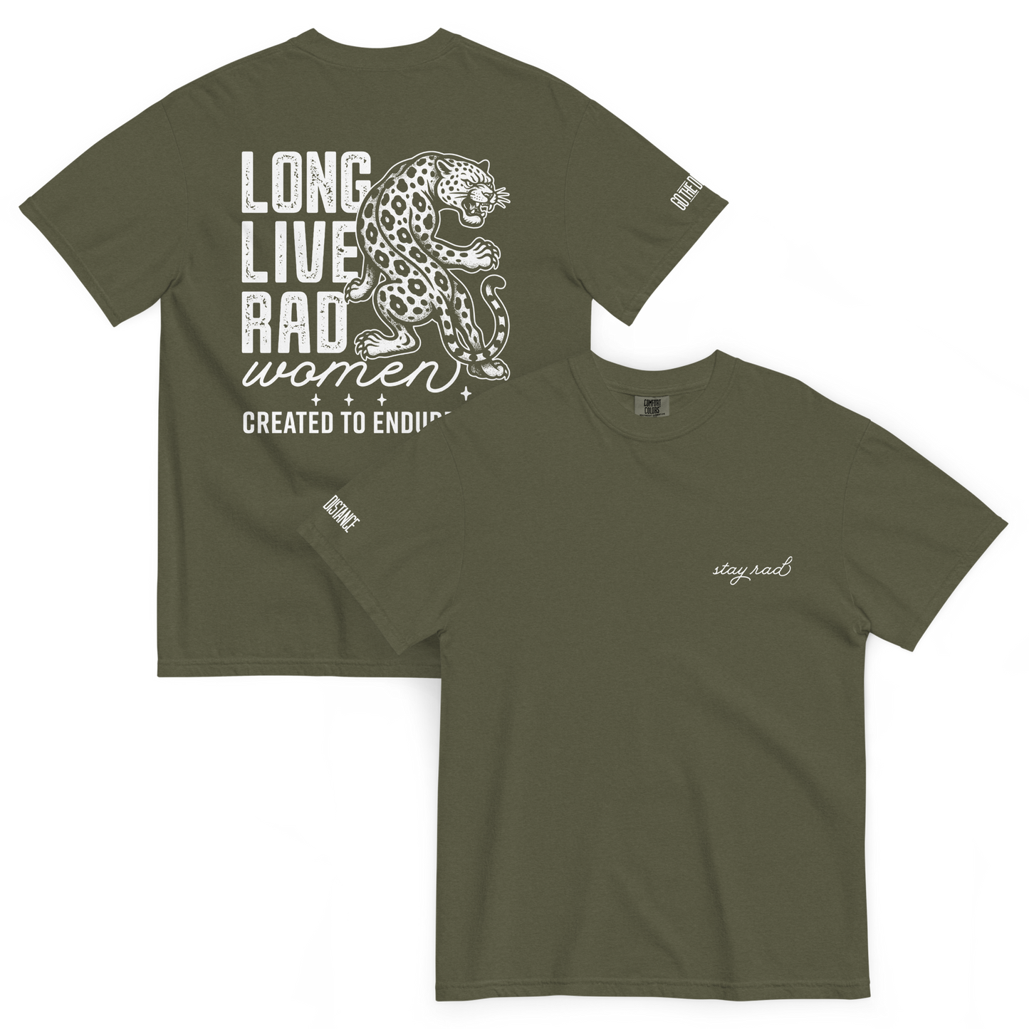 Long Live Rad Women Leapord tee sage green front & back - women who lead & endure, relaxed fit cotton