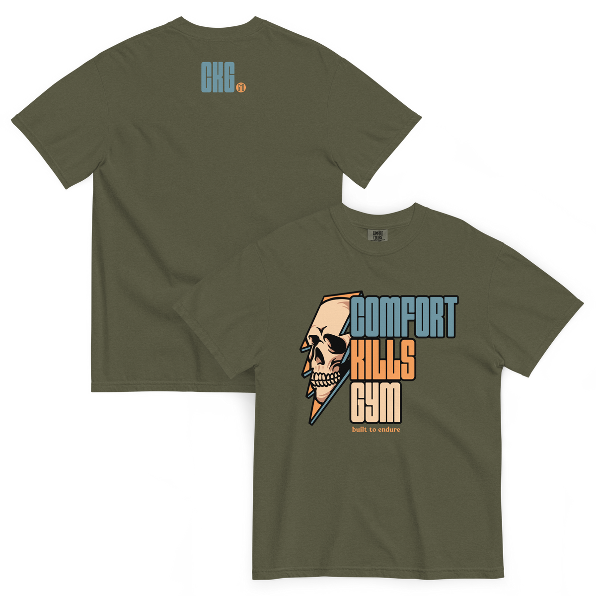 Perseverance Strikes (green tee) — skull inside lightning bolt, bold block lettering graphic