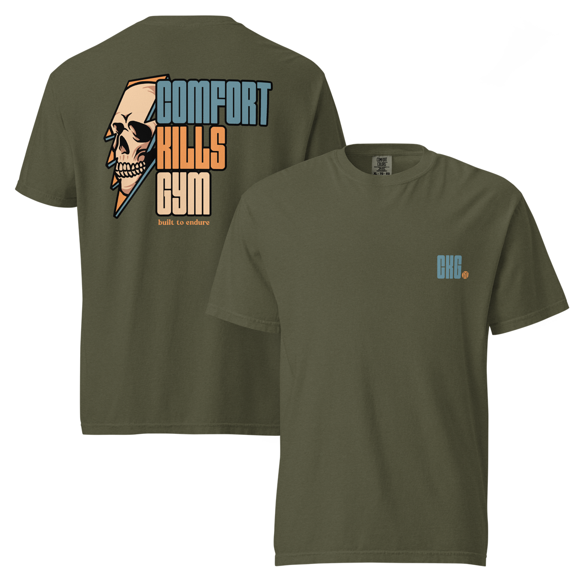Perseverance Strikes (green tee) — skull inside lightning bolt, bold block lettering graphic