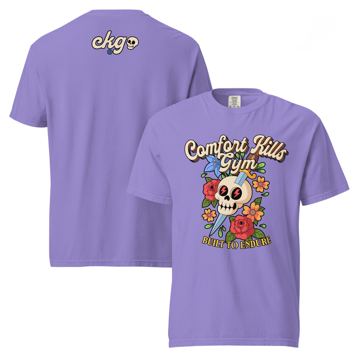 The Beautiful Battle (violet tee) — skull with roses, dagger, floral tattoo-style graphic