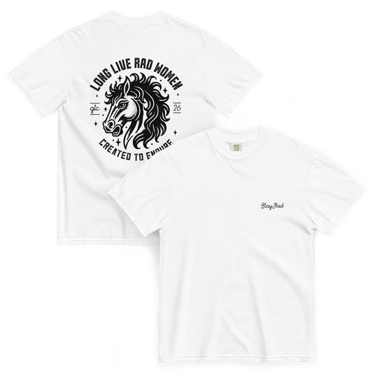 Long Live Rad Women tee stallion white front & back - GTC 2026, lead with purpose & succeed
