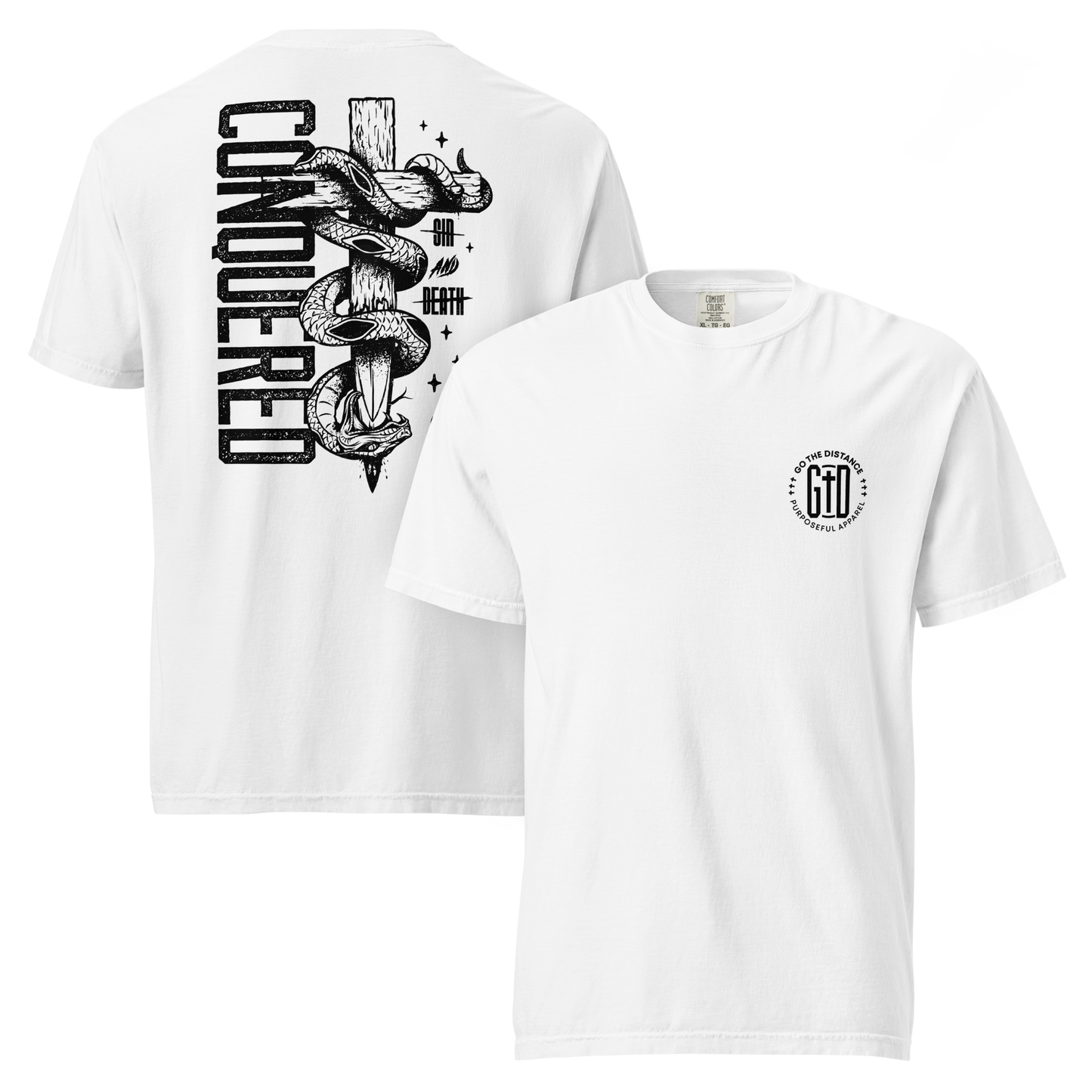 Conquered tee white front & back - Christ's victory, sin defeated, death disarmed