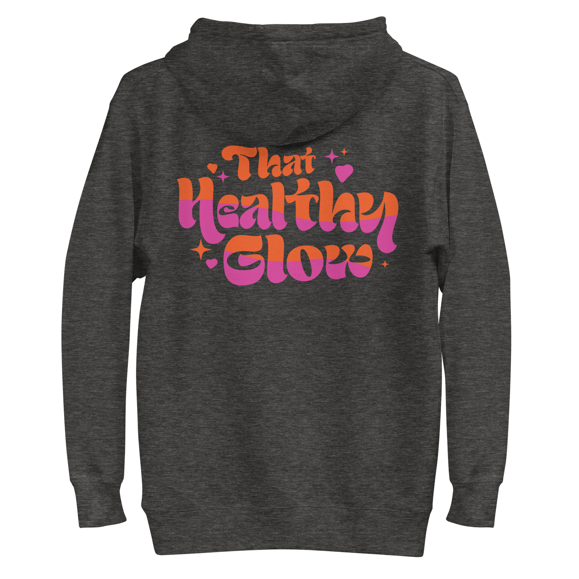 That Healthy Glow Premium Hoodie | Back view, dark heather gray color – Premium Cotton Wellness Apparel