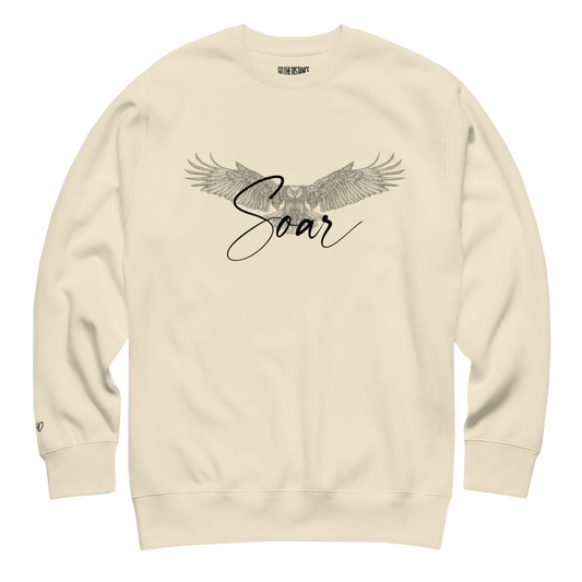 Soar Premium Crewneck Sweatshirt | Front view, beige cream color – Soft Fleece Motivational Apparel
