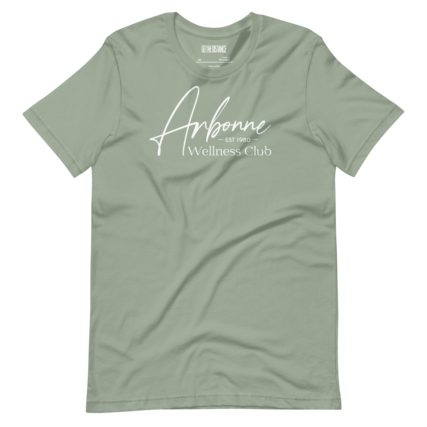 Arbonne Wellness Club T-Shirt | Front view, sage green color – Comfortable Motivational Apparel